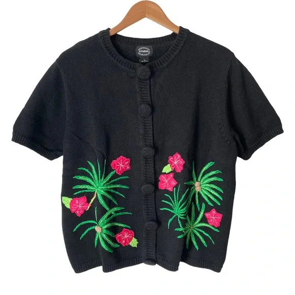 Designers Studio Originals VTG Short Sleeve Knit Palm Flamingo Sweater 1X - Picture 1 of 11